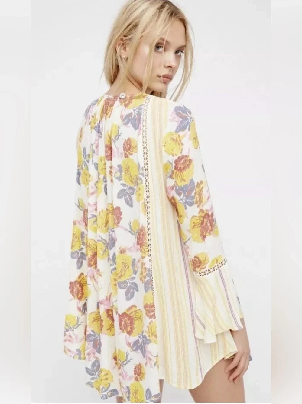 Free People Lovestoned Lace Buttondown Printed Crochet Bell Sleeve Tunic M